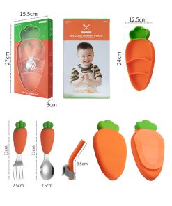 Khay ăn dặm silicon Carot cho bé kèm thìa dĩa, có đế hít, bát ăn dặm trẻ em