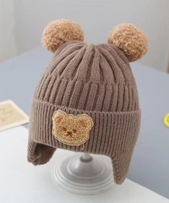 Mũ len chùm tai lót lông cừu hình gấu cho trẻ em từ 0 - 4 tuổi