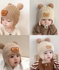 Mũ len chùm tai lót lông cừu hình gấu cho trẻ em từ 0 - 4 tuổi