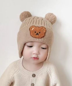 Mũ len chùm tai lót lông cừu hình gấu cho trẻ em từ 0 - 4 tuổi