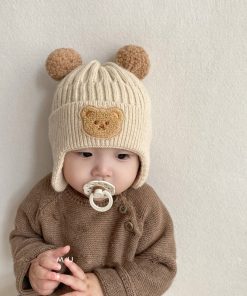 Mũ len chùm tai lót lông cừu hình gấu cho trẻ em từ 0 - 4 tuổi
