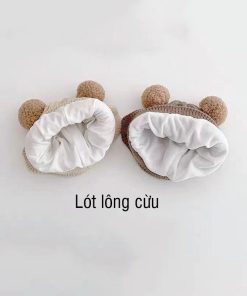 Mũ len chùm tai lót lông cừu hình gấu cho trẻ em từ 0 - 4 tuổi