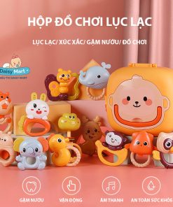 Hộp đồ chơi lục lạc 6 món kết hợp gặm nướu và xúc xắc hộp khỉ dễ thương