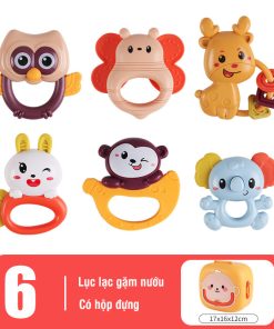 Hộp đồ chơi lục lạc 6 món kết hợp gặm nướu và xúc xắc hộp khỉ dễ thương