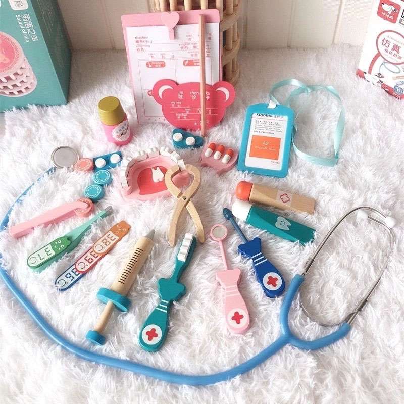 đồ chơi bác sĩ bằng gỗ dùng như thật (10) Bộ đồ chơi bác sĩ gỗ, đồ chơi giả lập bác sĩ, nha sĩ