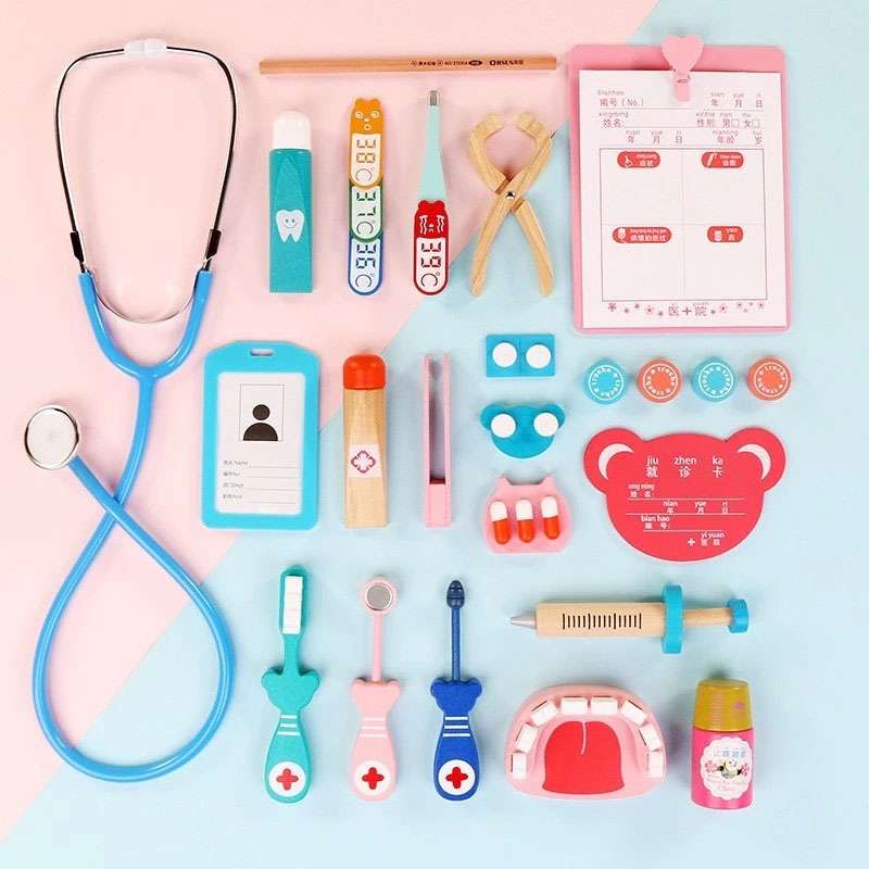 đồ chơi bác sĩ bằng gỗ dùng như thật (9) Bộ đồ chơi bác sĩ gỗ, đồ chơi giả lập bác sĩ, nha sĩ