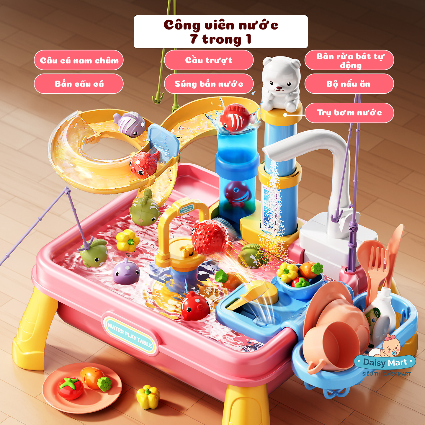 Đồ chơi Công viên nước 7 trong 1, hồ câu cá, cầu trượt, chậu rửa có nước chảy