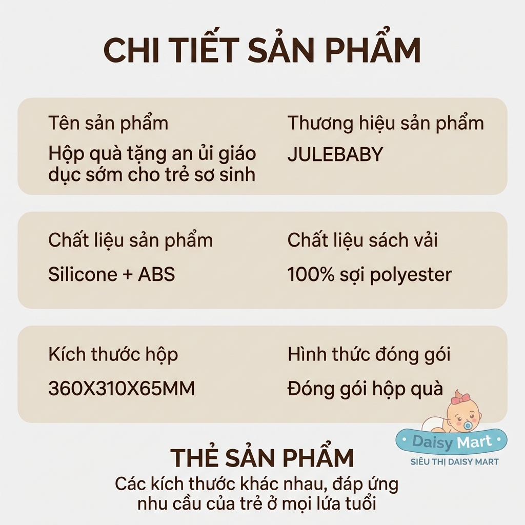 hộp quà tặng thôi nôi, đầy tháng dành cho trẻ sơ sinh từ 0 - 1 tuổi, ngôn ngữ tiếng anh (2) Thông tin chi tiết hộp quà tặng Julie baby