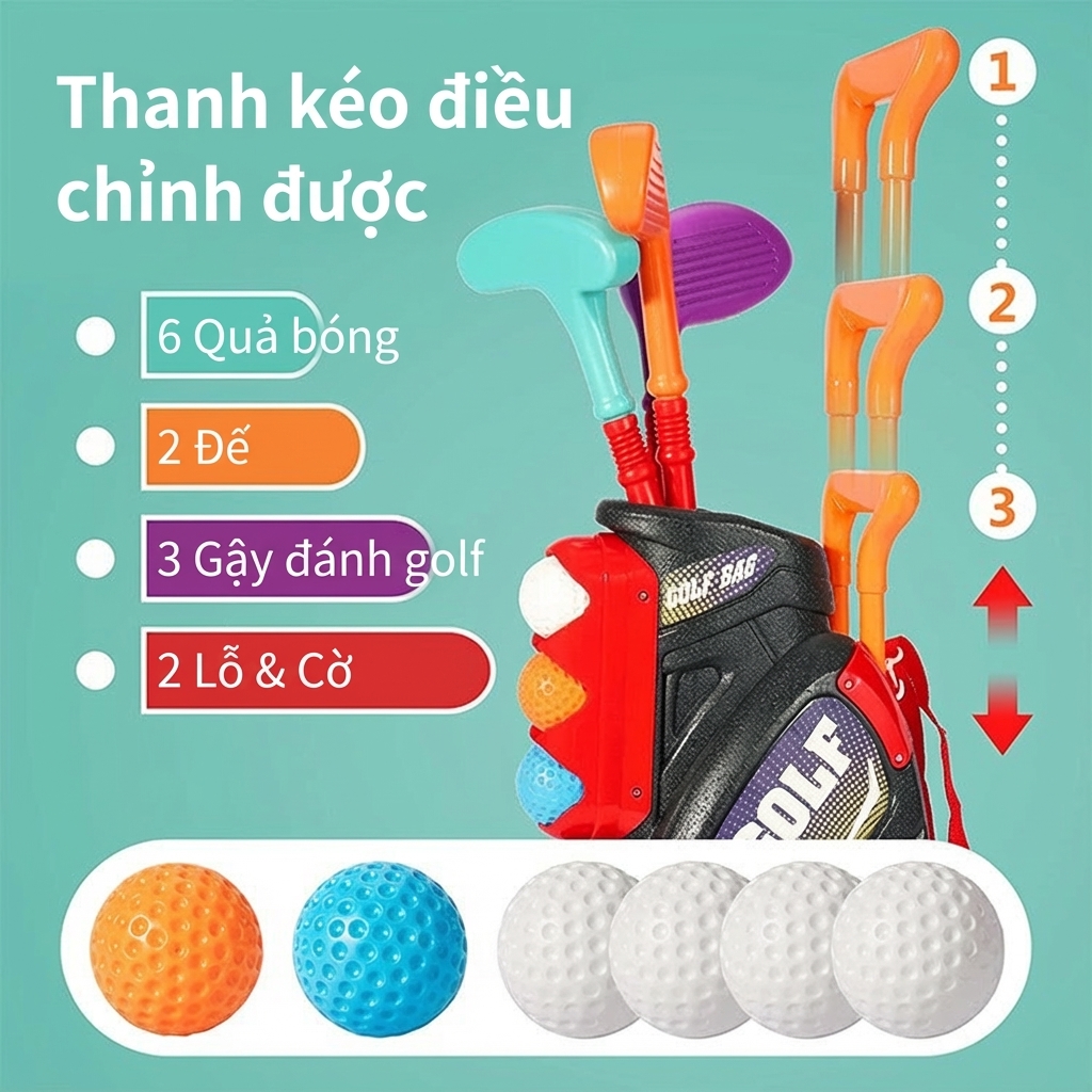 bộ đồ chơi đánh golf cao cấp dành cho trẻ em (4) Bộ đánh golf cao cấp dành cho trẻ em có thể đeo và kéo