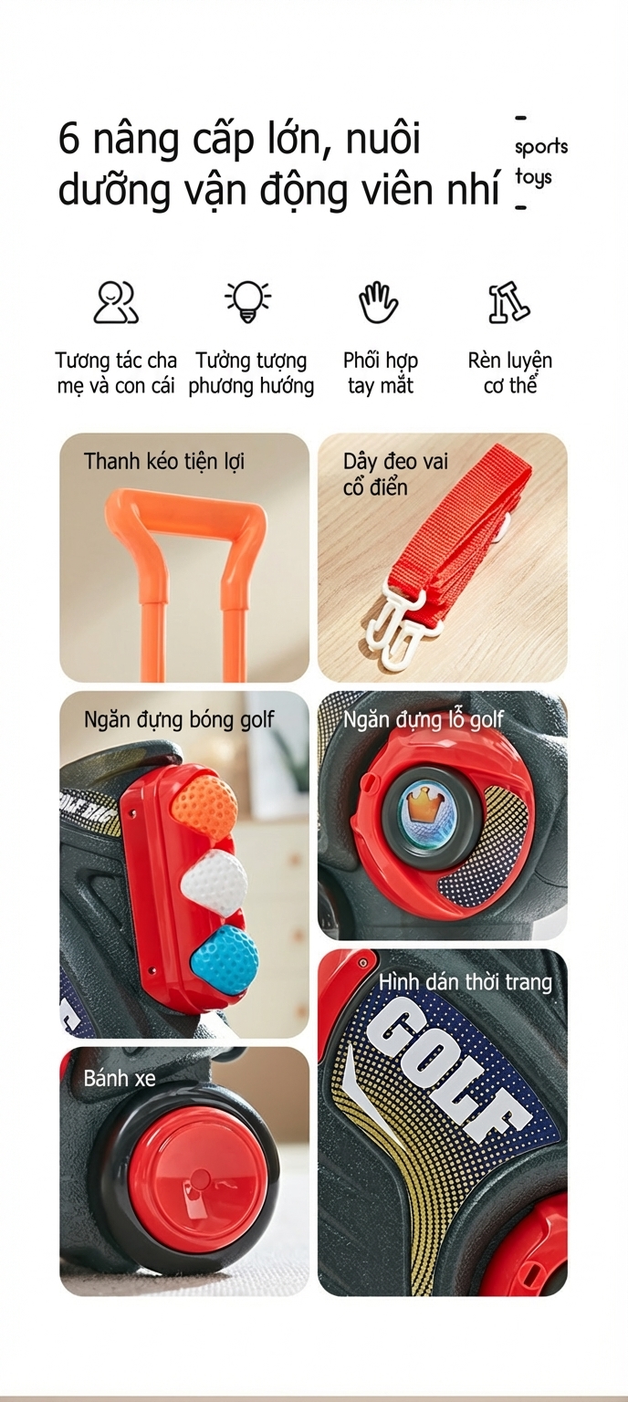 bộ đồ chơi đánh golf với đa dạng phụ kiện, dễ dàng điều chỉnh và mang theo
