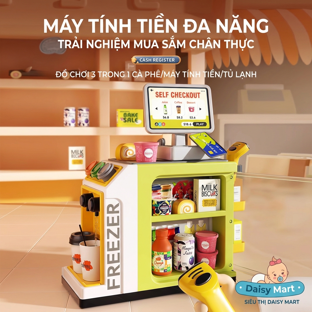 đồ chơi máy tính tiền siêu thị, máy pha cà phê, tủ lạnh (1) Bộ Đồ Chơi Máy Tính Tiền Siêu Thị và Máy Pha Cà Phê, Đồ Uống Cho Bé