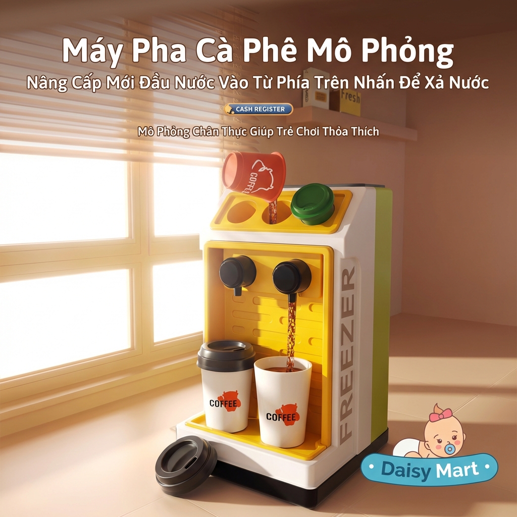 đồ chơi máy tính tiền siêu thị, máy pha cà phê, tủ lạnh (2) Bộ Đồ Chơi Máy Tính Tiền Siêu Thị và Máy Pha Cà Phê, Đồ Uống Cho Bé