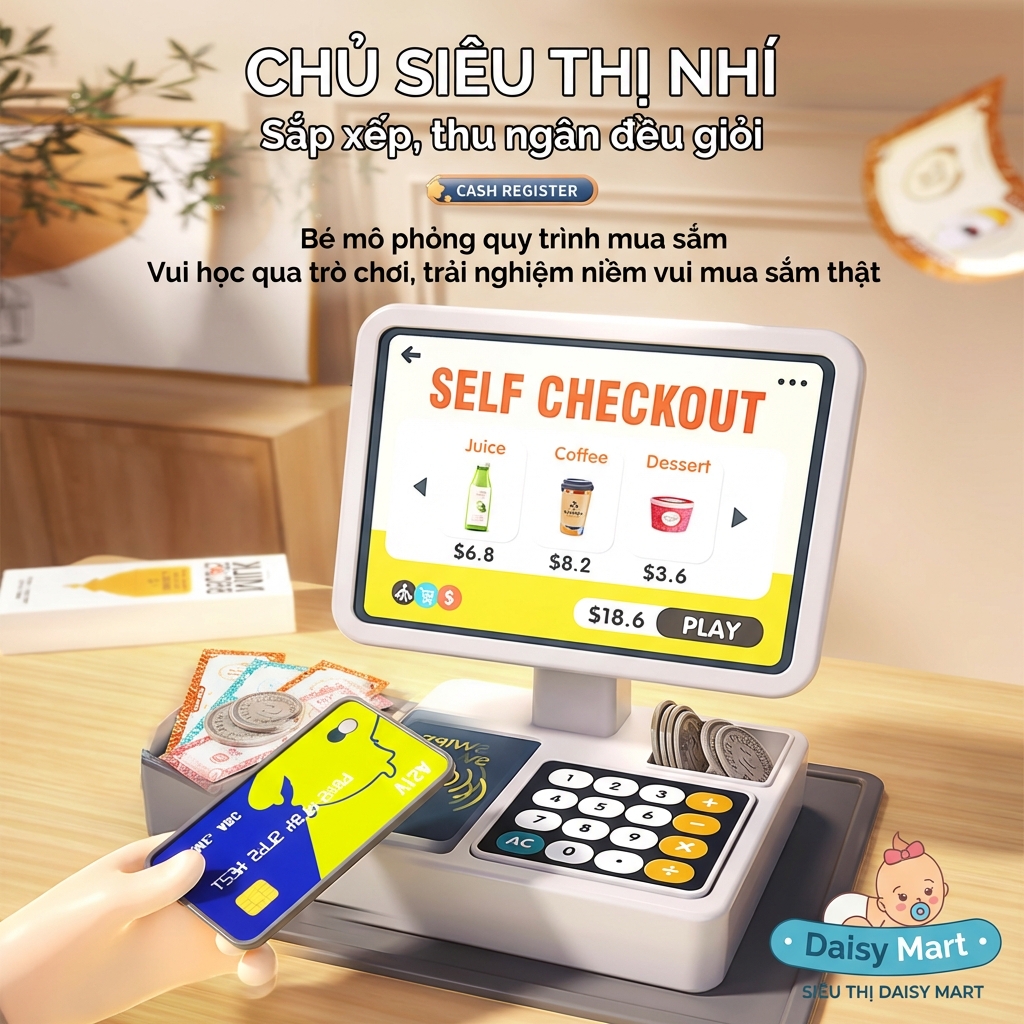 đồ chơi máy tính tiền siêu thị, máy pha cà phê, tủ lạnh (3) Bộ Đồ Chơi Máy Tính Tiền Siêu Thị và Máy Pha Cà Phê, Đồ Uống Cho Bé