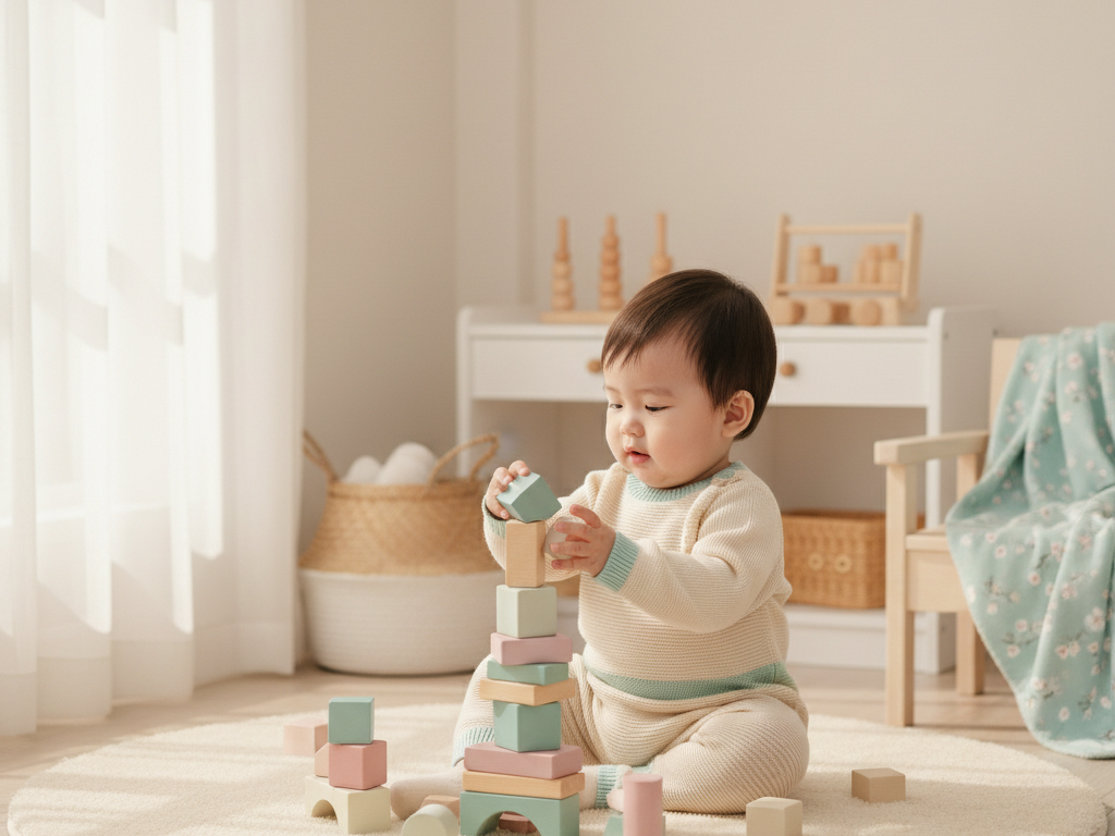 Bé 18 tháng xếp khối Montessori