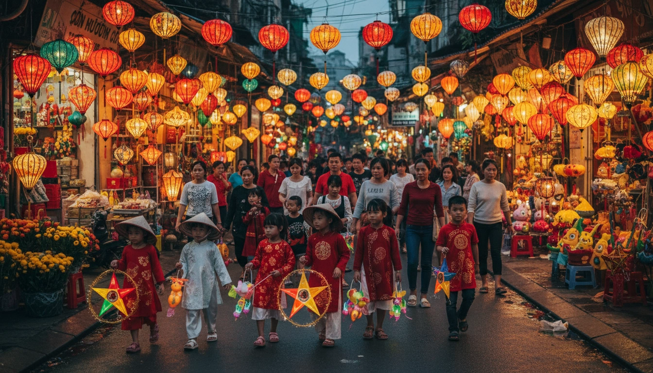 Thị trường đèn lồng Trung Thu 2026 - Trẻ em cầm đèn rước phố Hà Nội