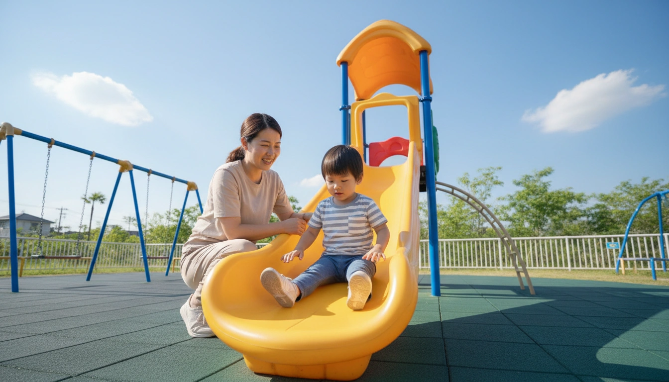 Tư thế an toàn khi chơi cầu trượt: ngồi xuống, chân duỗi thẳng, có giám sát