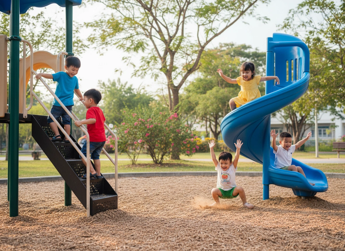 Trẻ em phát triển vận động qua hoạt động chơi cầu trượt